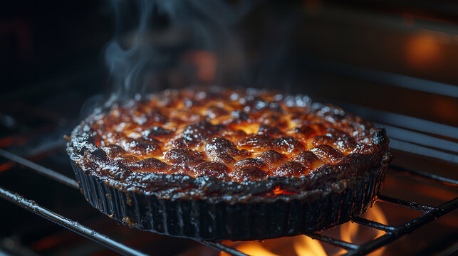 Burnt pie in the oven over an open flame.

