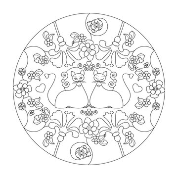 Mandala. Cats and Flowers.	