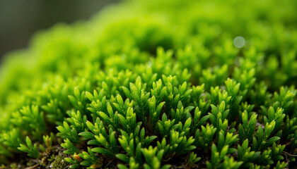 Close-up shot of vibrant green moss growing on a surface with blurred background