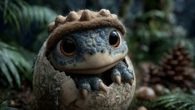 Adorable baby dragon hatching from an egg, set in a whimsical forest environment