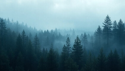 Misty forest landscape with tall evergreen trees shrouded in fog and soft light