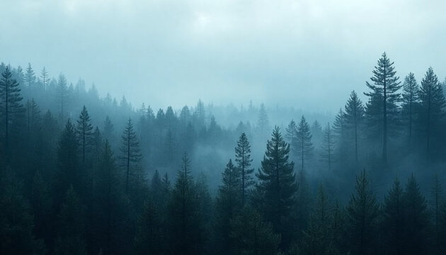 Misty forest landscape with tall evergreen trees shrouded in fog and soft light