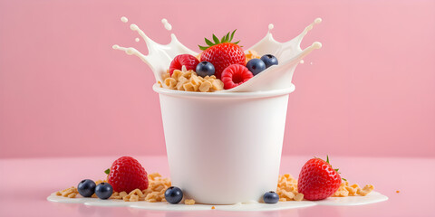 Delicious Cereal with Berries and Milk Splash