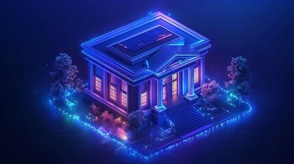 Illuminated architectural marvel a digital courthouse shimmering with justice in a neon glow against