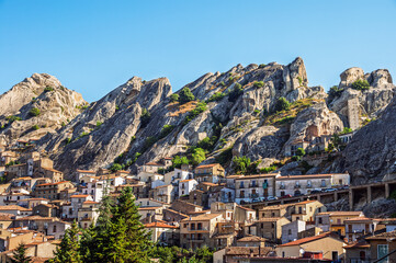 Obraz premium front view of the village of Castelmezzano from the Pietrapertosa Saracen Castle, Dolomiti Lucane, Potenza province, Basilicata