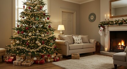 Festive Christmas Living Room Decor - A cozy living room beautifully decorated for Christmas, featuring a large decorated tree, presents, and a warm fireplace