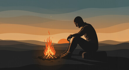 Man in chains sitting by a fire – symbol of captivity and survival