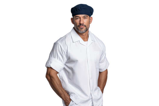 Portrait of a confident male sailor wearing a white uniform and navy cap, standing with hands in pockets, isolated on transparent background. Ideal for maritime and profession themes