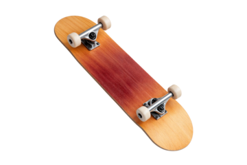 Top view of a wooden skateboard with gradient red and yellow deck, isolated on transparent background. Ideal for sports, youth, and urban themes