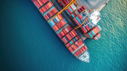 Fototapeta premium Container ship in import export and business logistic.By crane ,Trade Port , Shipping.cargo to harbor.Aerial view.Water transport.International.Shell Marine.Top view. 