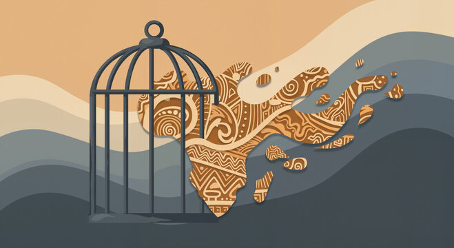 Cage over African continent silhouette with tribal patterns &ndash; symbol of cultural captivity