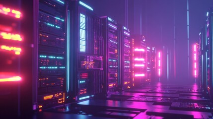 Futuristic server room lit with neon