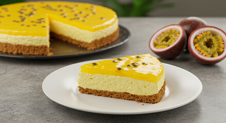 A slice of passion fruit mousse pie (torta de maracujá) with glossy yellow topping and biscuit crust, served on a white plate, set on a stone countertop with soft natural light