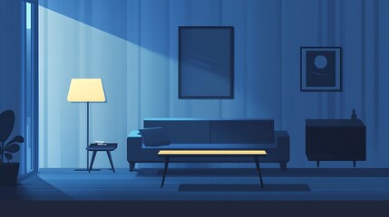 Nighttime living room scene with soft light.