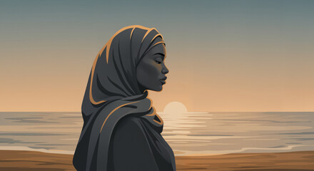 Woman in headscarf standing by the sea – symbol of remembrance and dignity