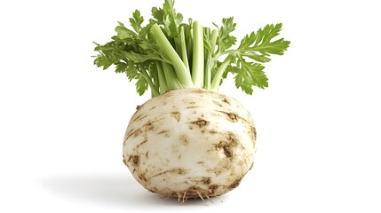 Hyper-Realistic Digital Rendering Showcasing Celery Root Lower Section Isolated on Pristine White Background with Flawless Clipping Path