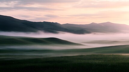 Obraz premium Mystical Ghostly Mist Over Serene Desolate Landscape with Shadowed Hills, Rolling Meadows and Dreamlike Twilight