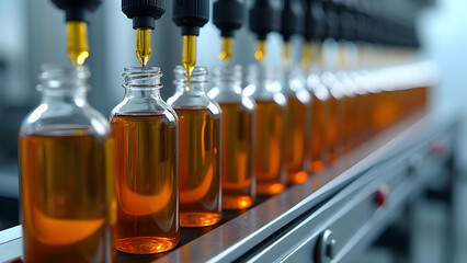 Ultra-Realistic Synchronized Robotic Dropper Array Filling Aligned Amber Bottles 