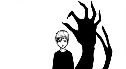 Creepy shadow monster looming behind boy – horror manga style illustration