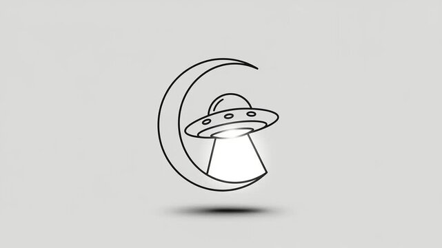 Minimalistic illustration of a UFO hovering near a crescent moon on a light gray background