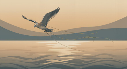 Bird flying over sea with broken ropes – symbol of liberation