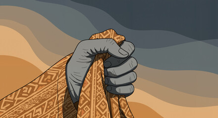 Fist clutching African patterned fabric – symbol of identity and strength