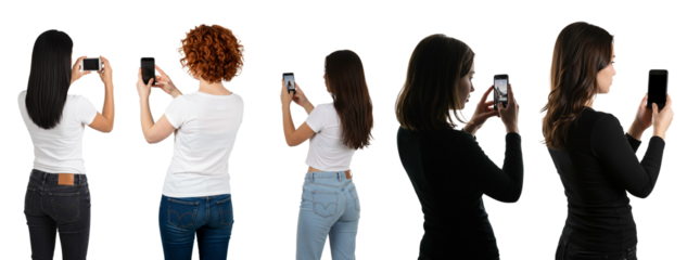 woman holding cell phone to take photo. Transparent background. .png