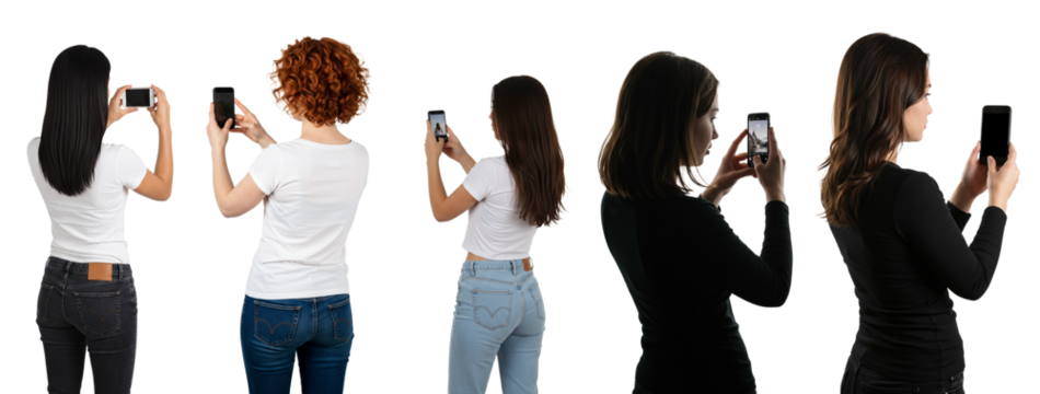woman holding cell phone to take photo. Transparent background. .png