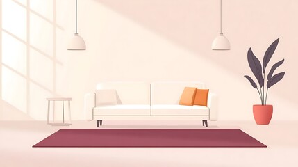 Empty living room with white sofa, plant, and burgundy rug.