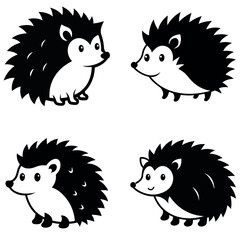 Black and White Illustration of Four Cartoon Hedgehog Characters with Spikes and Small Legs