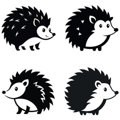 Four Stylized Black and White Hedgehog Illustrations, Isolated on White Background, Design