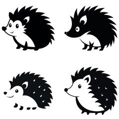 Four Adorable Black and White Hedgehog Illustrations with Different Smiling Expressions on a White Background
