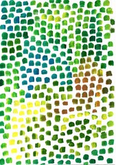 An abstract composition consisting of many strokes of paint evenly distributed over a white background. The strokes are rectangular or rounded and vary in color:.