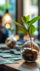 A vibrant glass jar filled with coins and a green plant symbolizes prosperity and growth, set in a cozy environment with soft lighting for a warm atmosphere.