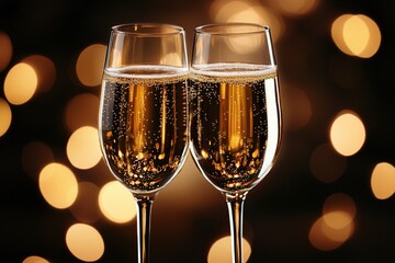 Two Sparkling Flutes With Golden Bubbles Against A Dark Bokeh Background