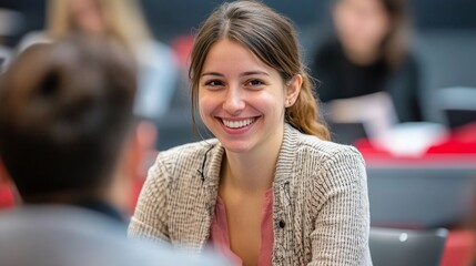 A joyful young woman with a bright smile sits at a table in a busy environment, embodying positivity and engagement during a social interaction or study session.