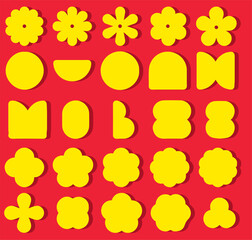 A Vibrant and Bold Collection of Stylized Yellow Geometric and Floral Shapes, Including Various Flower Forms, Circles, and Abstract Elements