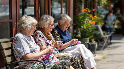 Three elderly women happily knitting together on a sunny day in a vibrant outdoor setting
