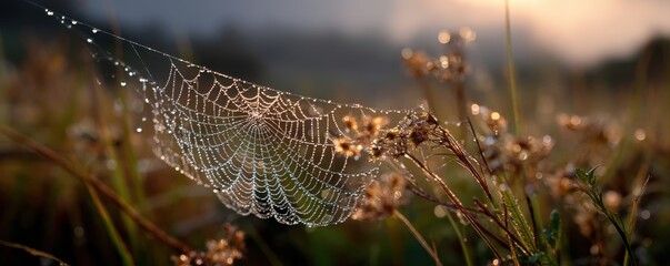 Dew-covered spider web glistening in a meadow during sunrise or sunset