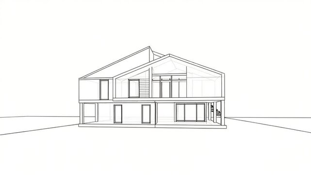 Modern architectural sketch of a house showcasing multiple levels, large windows, and open spaces