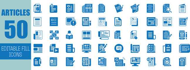 Fifty editable blue fill icons articles news documents