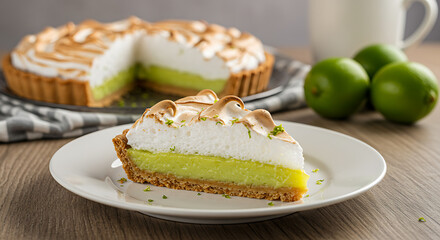 A slice of lime pie Brazilian-style (torta de limão) with meringue topping and tangy lime filling, served on a white plate over a rustic kitchen counter, bright soft light and lime zest detail 