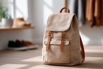 Stylish Tan Canvas Backpack in Sunlit Hallway