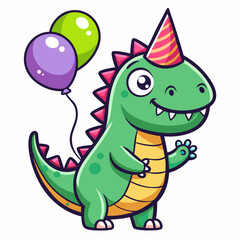 Joyful vector illustration of a dinosaur with colorful balloons and party hat smiling wide designed for birthday-themed cartoon children’s graphics and vectors