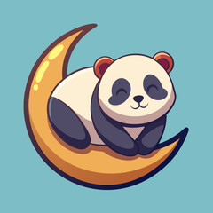 Cute vector illustration of a sleeping cartoon panda lying on a crescent moon with relaxed posture designed for calm children bedtime stickers and animal themes