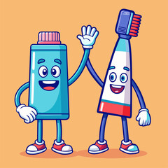 Vector illustration of two cartoon toothpaste tubes smiling and holding toothbrushes in funny poses designed for dental hygiene education and kids dental stickers