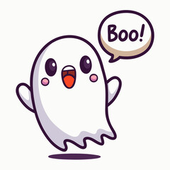 Funny vector illustration of a cheerful ghost saying Boo with hands raised and surprised expression designed for Halloween-themed cartoon sticker collections for kids