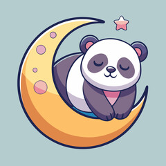 Vector illustration of a happy cartoon panda sitting on a golden crescent moon with stars and pastel sky background designed for nursery vectors and bedtime art © Stas