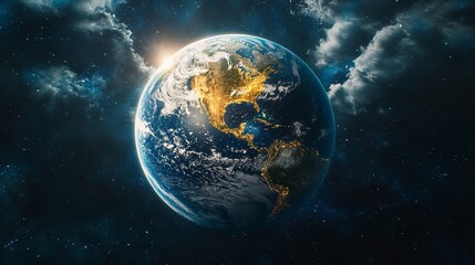 A breathtaking view of Earth from space illuminated by the sun in a cosmic sky filled with nebulous