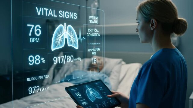 Nurse monitors ICU patient vitals on futuristic HUD screen showing heart rate, oxygen, and respiratory data